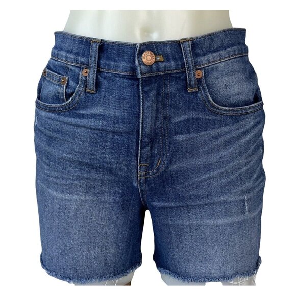 Madewell Womens Denim Shorts High Rise Blue Medium Wash Distressed Fray Size 26 - Picture 1 of 10